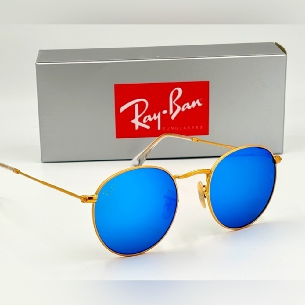 Ray-Ban Lennon Sunglasses RB3447 Round Classic Gold Frame Blue Flash Mirror - Picture 4 of 15